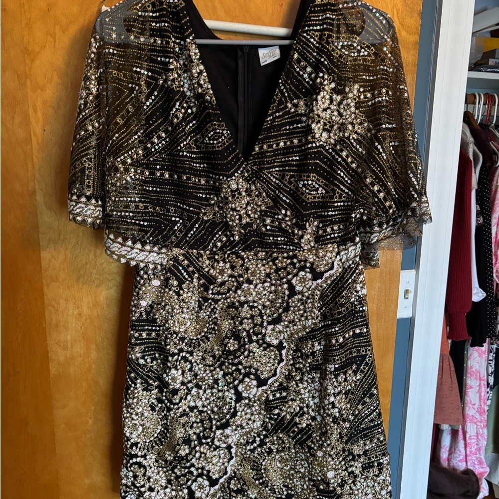 Selfie Leslie Black and Gold Embellished Prom Dress